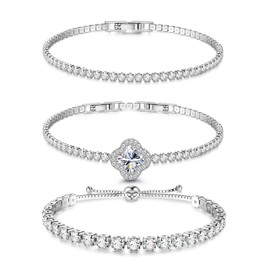 Dochais Women's Tennis Bracelet, Silver, Cubic Zirconia, Diamond Bracelet, Women's Glitter Bracelet, Women's Bracelet Set, Women's Rhinestone for Women, Girls, Wife, Mother, Jewellery, Gift, Brass