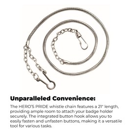 Hero's Pride 21" Whistle Chain with Button Hook - Chain for Badge Holder, Police, Sheriff, CHP, Law Enforcement, Security - Nickel Finish
