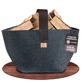 Designer Firewood Basket Felt [40L] - Made in Germany Wood Basket for Firewood Made of Upcycling rPET Felt with Genuine Leather Handle - Firewood Basket Stable and Stable (Anthracite)