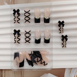 Black French Tip Press on Nails Medium Square Fake Nails with Rhinestone Nails Tip Design Glue on Nails Full Cover Acrylic Nails 3D Bow False Nails Reusable Coffin Artificial Nails for Women 24Pcs