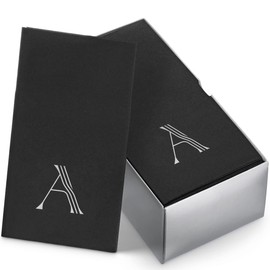 50-Pack Linen-Feel Mongrammed Napkins Black Paper, 12" x 17" Silver Foil Letter A Napkins Disposale, Initial Guest Towels For Wedding, Bathroom, Party, Baby Shower, Or Event