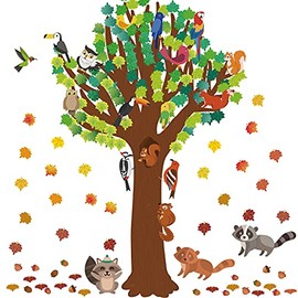 163 Pcs Classroom Tree Bulletin Board Decoration Set Seasonal Spring Thanksgiving Autumn Fall Woodland Tree Cutout Flowers Maple Leaves Butterflies Bees Forest Animals Bird Cutouts (Elegant Style)