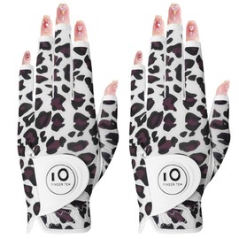 Golf Gloves for Women Left and Right Hand, Set of 2 All-Weather Golf Gloves with Ball Marker Squeeze Soft Comfortable for Spring, Summer and Autumn (Brown Leopard · Nail, S, Left Hand)