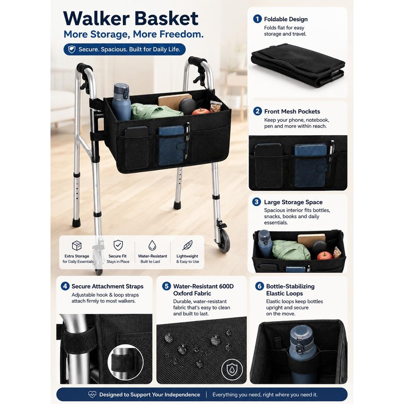 wigmoa Walker Organizer Bag with Cup Holder for Folding Walkers,