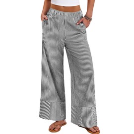 ANRABESS Womens Gingham Striped Boxer Pants Pajama Lounge PJ Bottoms Plaid Wide Leg Casual Cute Fall Trousers with Pockets Black White Stripe Large