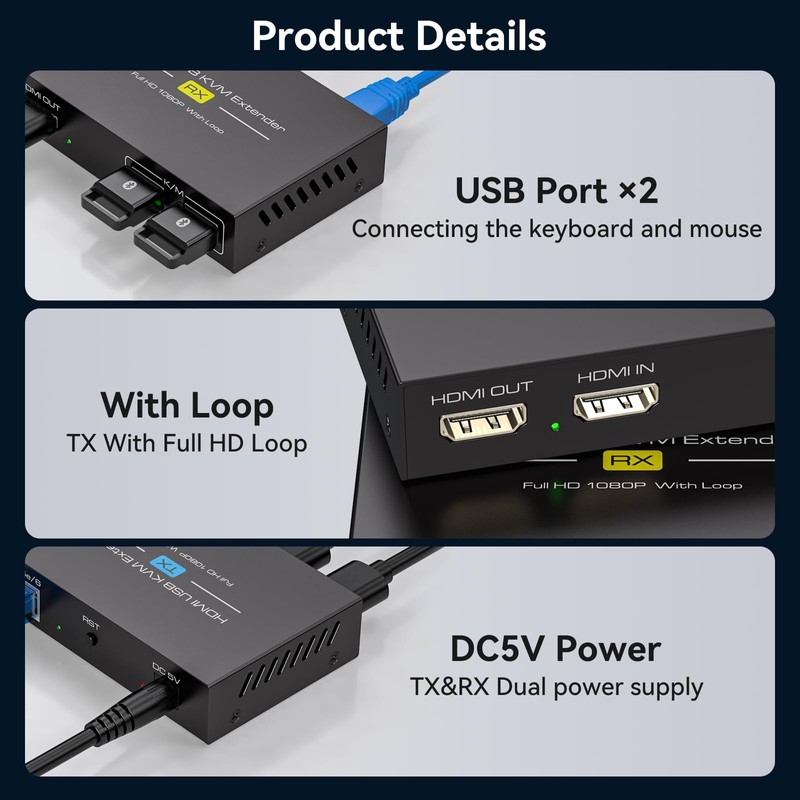 VPFET HDMI KVM USB Extender 394ft 120M Over Cat 5e