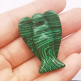 Manekieko Malachite Healing Crystal Prayer Guardian Angel Statue, 38 mm Carving Bag Palm Stone Figures Decoration