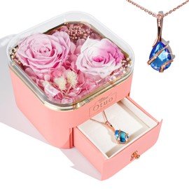 Otuo Preserved Roses Gift Jewerlry Box, Real Eternal Rose Flower with Necklace, Gifts for Girlfriend, Mom, Women, Wife, Birthday and Mothers Day (Pink)