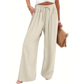 Bloggerlove Womens Linen Palazzo Pants Summer Boho Wide Leg High Waist Lounge Beach Trousers with Pockets Apricot L