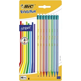 BIC Evolution Graphite Pencils - Pack of 8 - HB Pencils with Eraser - Colourful Stripe Design and Shock-Resistant Lead