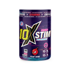 10X Athletic 10X Athletic STIM Pre-Workout - Fruit Bomb, No Caffeine Beta Alanine 450mg Caffeine Creatine Sugar Free Vegan Low Calorie, 600g 25/50 Servings.