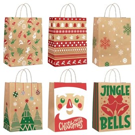 Ginkgo 24-Pack Christmas Gift Bags – 6 Assorted Xmas Designs, Small Christmas Goody Bags Bulk with Handles for Wrapping Gifts, Party Favors and Holiday Decor