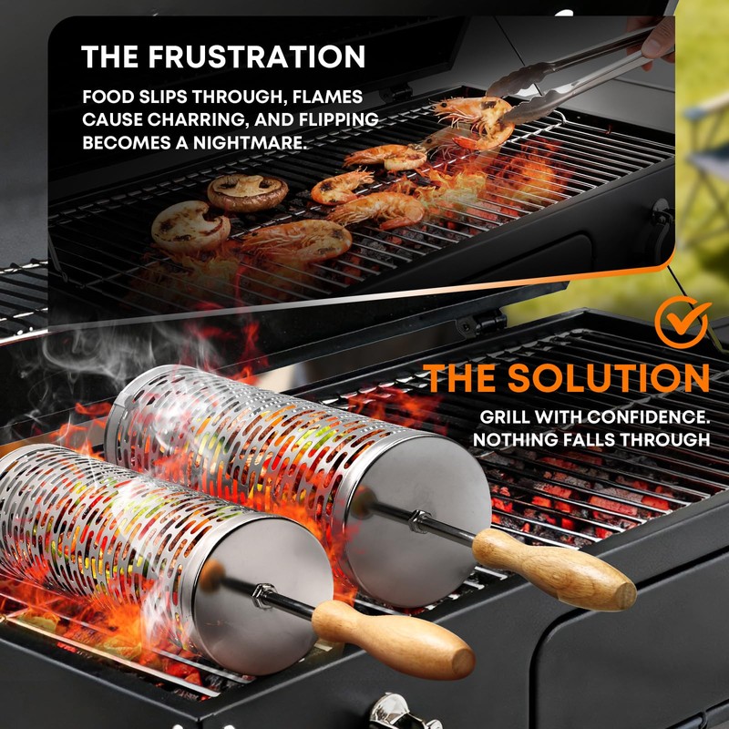 Rolling Grill Basket for Outdoor Grill, BBQ Cage for Vegetable/Veggies