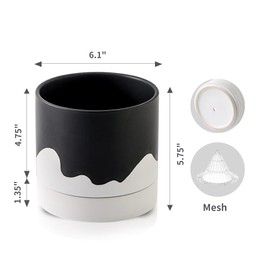 Nihow Ceramic Plant Pot: 6 Inch Planter with Drainage Hole & Saucer for Indoor & Outdoor Plants - Cylinder Round Flower Pot for Succulent/Herbs/Violets - Black & Wave White