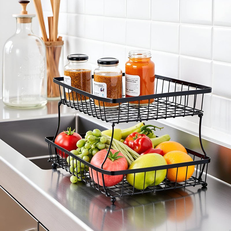 HOSY 2 Tier Steel Basket, Standing Storage Rack Ideas for