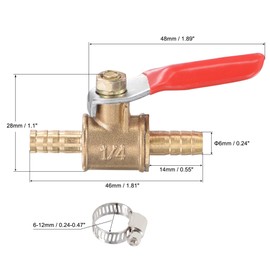 sourcing map Brass Air Ball Valve Shut Off Switch 6mm Hose Barb to 6mm Hose Barb with Clamps Red Handle