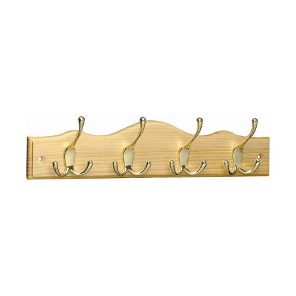 Franklin Brass 4 Tri-Hook Scalloped Top Rail/Coat Rack, Pine/Brass Plated, Packaging May Vary
