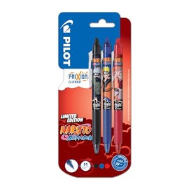 Pilot x NARUTO - 3 FriXion Ball Clicker Pens, Black, Blue, Red - Erasable Pens - Limited Edition Naruto Shipudden - Retractable Rollerball Pens - Medium Point