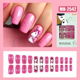 Cute Press on Nails Medium Square Glue on Nails Pink Fake Nails Unicorn Stick on Nail with Dots Design False Nail Glossy Acrylic Nail Full Cover Reusable for Women Girl 24Pcs