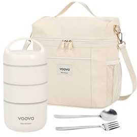 Voova Stackable Stainless Steel Thermal Lunch Box with Lunch Bag and Cultery Set for Adult Women Men, 3 Tier Leakproof All-in-One Insulated Bento Boxes Food Container for Work, Begie