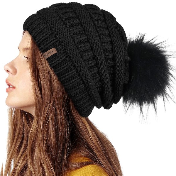 FURTALK Women's Slouch Style Warm Winter Beanie Hat with Faux Fur Pompom, Pom black+black