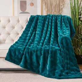 Home Soft Things Brick Textured Faux Fur Throw with Micromink Back, Warm Plush Decorative Blanket for Couch, Furry Thick Fluffy Cozy Throw for Living Room Bedroom, 50''× 70'', Teal