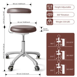 DENGTELI Medical Stool on Wheels With 360 Degree Swivel Armrests - PU Leather, Height Adjustable Chair for Salon, Shop, Home and Dental Assistant - Brown