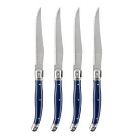French Home Laguiole 4-Piece Steak Knife Set – Sophisticated Stainless Steel Dinner Knives with Navy Blue Handles & Iconic Bee Emblem – Serrated Knives for Smooth Cutting (9.25")