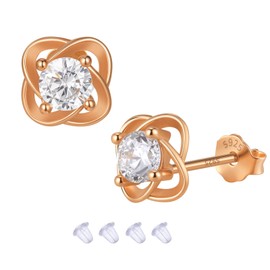 Gotumo 14K Gold Plated Sterling Silver Stud Earrings Four-leaf Clover Earrings Stud Jewelry for Women, Clear CZ, Metal, cubic zirconia