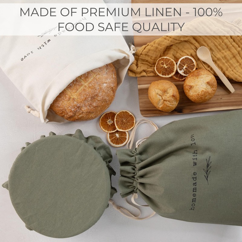 Beautiful Linen Bread Bag Set and Proofing Cover For Homemade