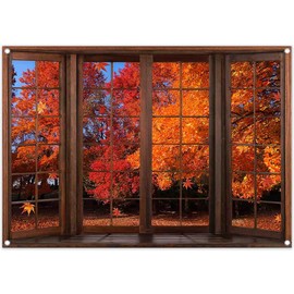 Luminora 7x5ft Autumn Maple Leaf Brown French Window Backdrop Orange Fall Maple Forest Background Holiday Birthday Baby Shower Decorations Party Photo Banner