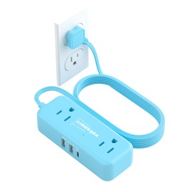 Blue Small Extension Cord 4 AC Outlets 3 USB Ports (3.4A Fast Charge), Travel Power Strip, 5 Ft Flat Plug Extension Cord, Cute Kawaii Blue Cruise Essentials