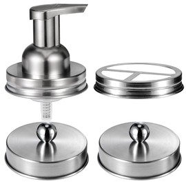 Komashr Mason Jar Bathroom Accessories Set(4pcs)-Jars Not Included - Foaming Soap Dispenser and Jars Lids for Regular Mouth jar, Wide Mouth Toothbrush Holder lid, Farmhouse Decor-Brushed Nickel