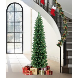 Annecy 4.5Ft Pre-Lit Fir Pencil Christmas Tree, Green Classic Artificial Slim Skinny Christmas Tree for Home, Office, Party Decoration w/ 310 Tips, 150 Warm White Lights,Metal Hinges&Base,Green 4.5 ft