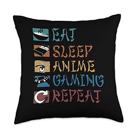 Kawaii Anime Merch Manga For Men Women Kids Retro Eat Sleep Gaming Repeat Kawaii Otaku Anime Manga Throw Pillow, 18x18, Multicolor