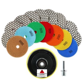 Diamond Polishing Disc LEKOMESH – 7 Pieces 100 mm (#50/100/200/400/800/1500/3000) with Hook & Loop Backing Holder Disc, Dry Polishing Pad Set for Granite, Marble, Artificial Stone, Quartz