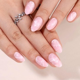 RTKHFZE Press on Nails Short-Pink Marble Press On Nails Almond,Short Fake Nails with Glue,Almond Stick On Nails,Glue On Nails in 16 Sizes - 32 Pcs Soft Gel Fake Nails Kit for Gift Idea