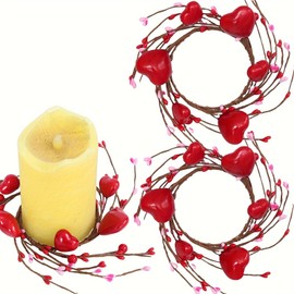 2 Pcs Red Heart Candle Rings Wreaths and Pink Berry Candle Rings Artificial Candle Holder Mini Wreaths 7" for Valentine's Day Wedding Windows Table Centerpieces (Red)