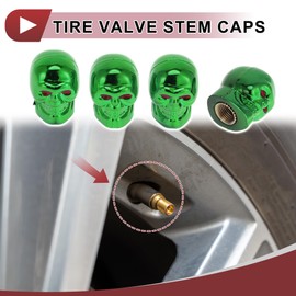 HEROFFIX 4 Pcs Skull Head Shape Tire Valve Stem Caps Decorative Tyre Valve Dust Covers 7x22mm Green Plastic Copper
