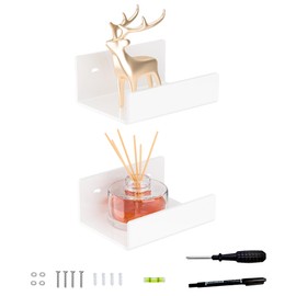 Hexsonhoma 5 Inches U Shape White Acrylic Wall Shelves 2 Pack, Acrylic Small Shelves for Books, Home Décor, Digital Clock, Speaker, Toiletries