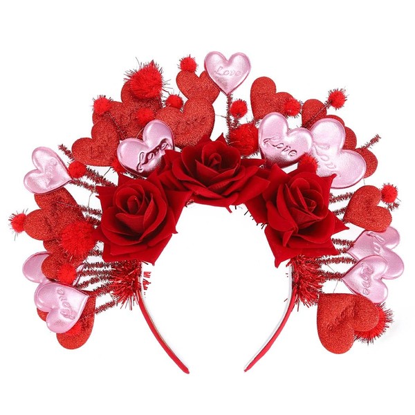 Runmi Heart Headband, Valentine's Day Headbands, Red Flower Headband, Festival, Party, Costume, Hair Accessories for Women