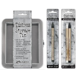Ranger Ink BUNDLE - Tim Holtz Watercolor Pencils - Black Soot, Picket Fence and Scorched Timber and storage Tin