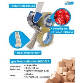 gws Promo Set: Packing Tape Dispenser Lite + 2x High-Quality Packing Tape (Transparent, 66 m x 50 mm) / Dispenser Parcel Tape / Parcel Tape Dispenser / Hand Dispenser for Parcel Tape