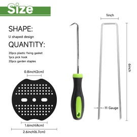 JELNER Landscape Staples Set,6 Inch 11 Gauge 20pcs Galvanized Garden Staples + 20pcs Gaskets + 1Pick Hook,U-Shaped Tent Stakes Landscaping Fabric SOD Pins for Weed Fabric Barrier,Groud Cover,Fence