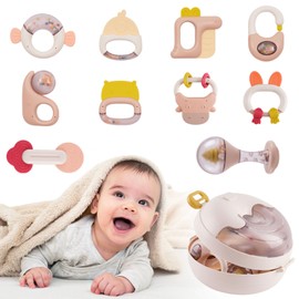 Baby Rassel Beißring Set, 10PCS BPA_frei Silikon Baby Spielzeug, Rasseln Beißring Spielzeug Baby Rassel 0–9 Monate, Silikon Rasselspielzeug für Babys mit Aufbewahrungsbox.