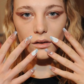 24Pcs Blue Press On Nails Long Press on Nails Blue Rhinestone Fake Nails 3D Butterfly Nails Flower Press On Nails Glossy Blue Nails for Women Girls Nails with Floral Butterfly Design (Blue, Large)