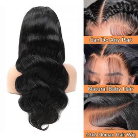 Aoque 34 Inch Body Wave Lace Front Wigs Human Hair 13x6 HD Lace Front Wigs Human Hair Pre Plucked 200 Density Glueless Human Hair Wigs for Women Natural Black