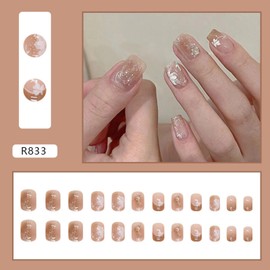 Short Fake Nails Square French Tip Press on Nails Flower Full Cover Light Brown Glue on Nails Golden Glitter Flower Design False Nails Acrylic Glossy Stick on Nails for Women 24 Pcs