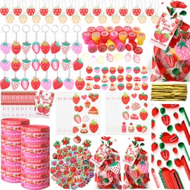 Landical 242 Pcs Strawberry Party Favors, Fruit Strawberry Theme Pendant Keychain Silicone Ring Bracelet Stickers Tags Opp Bags Stampers for Baby Shower Birthday Party Class Reward