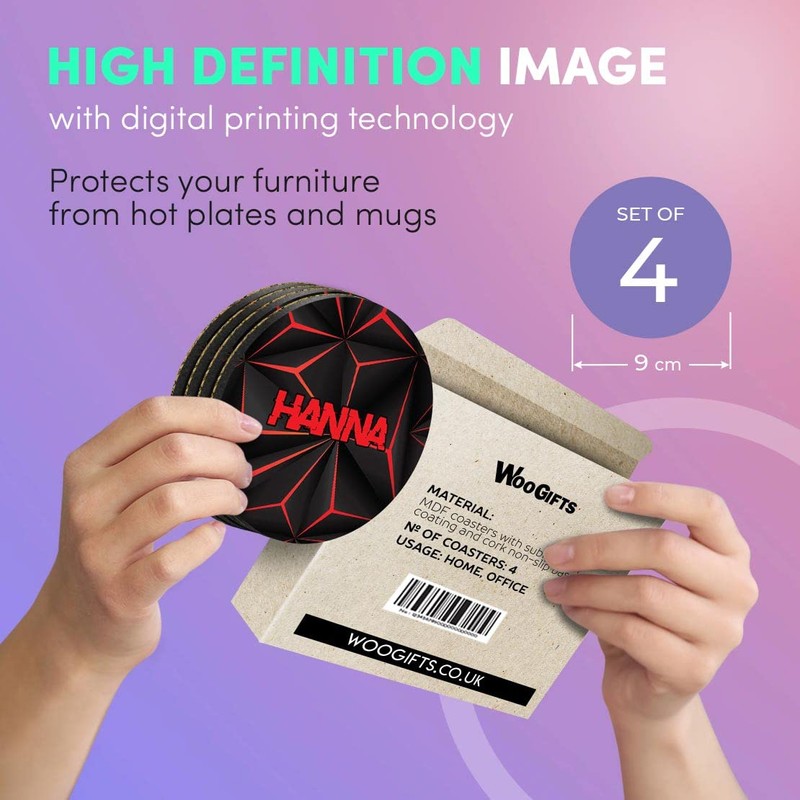 4 x Boxed Round Coasters - Name Hanna Gamer Black